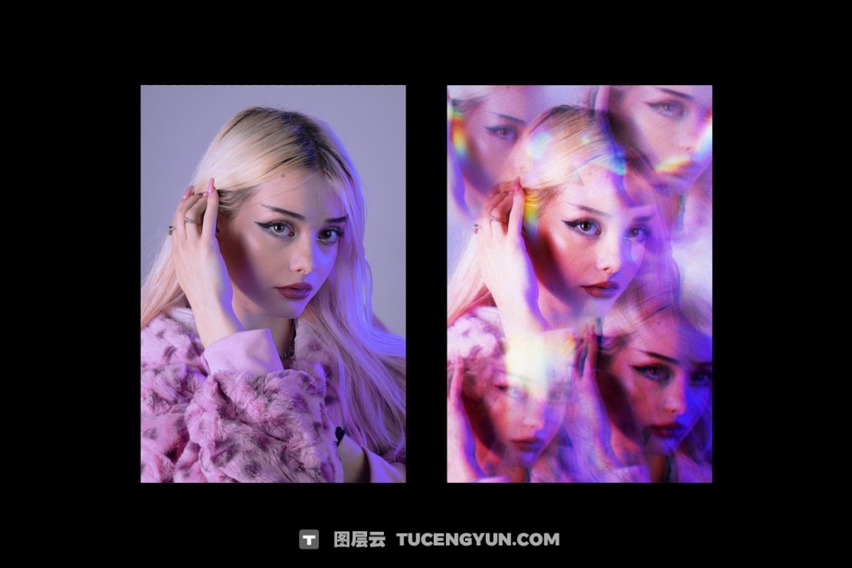 梦幻棱镜雾霾双重曝光光条纹万花筒棱镜特效PSD样机 Prism Blur Photo Effect（14269）图层云