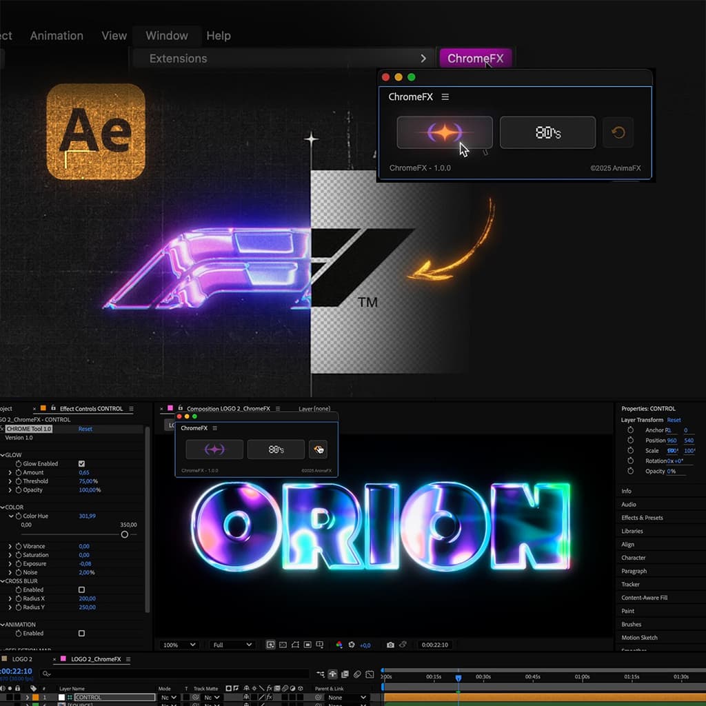 AE插件：全息3D金属抽象艺术酸性镀铬扭曲流体效果文字标题画面效果插件 AnimaFX – ChromeFX（14240）