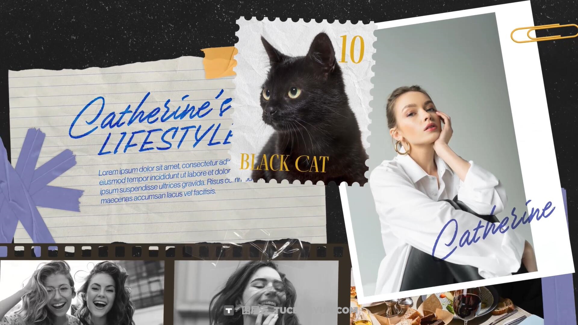 AE/PR模板：复古撕纸美学拼贴艺术簿笔记本书籍画册手账宝格丽相框剪贴设计展示动画模板（14319）图层云