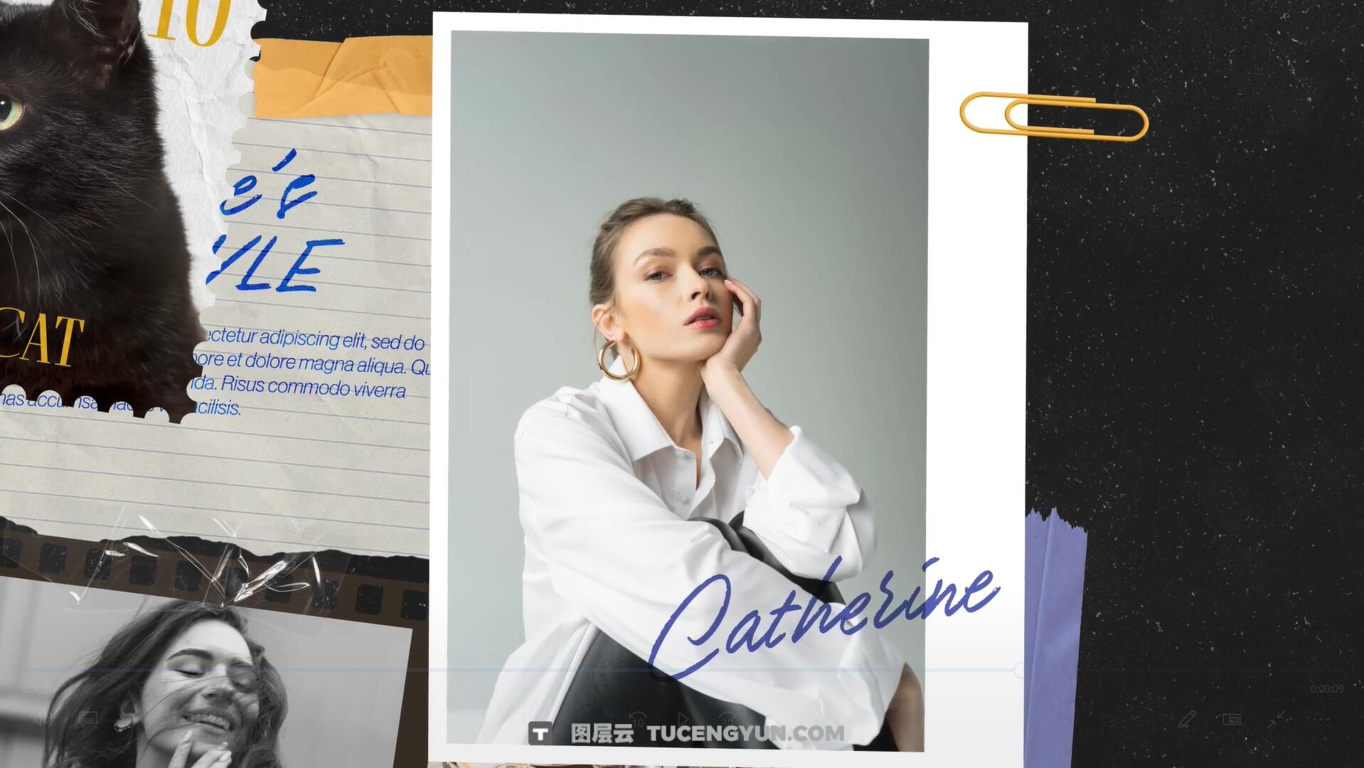 AE/PR模板：复古撕纸美学拼贴艺术簿笔记本书籍画册手账宝格丽相框剪贴设计展示动画模板（14319）图层云