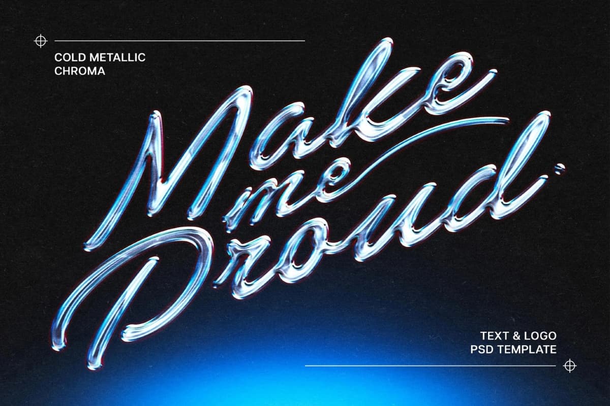 复古酸性镀铬3D冷蓝色金属镜面文本logo标题特效叠加PSD特效样机 Cold Metallic Chrome Text Effect（14321）