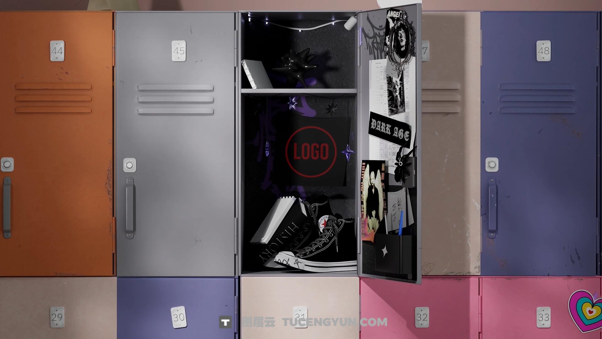 AE模板：复古日落氛围3D储物柜打开文字标题LOGO展示动画（14324）图层云