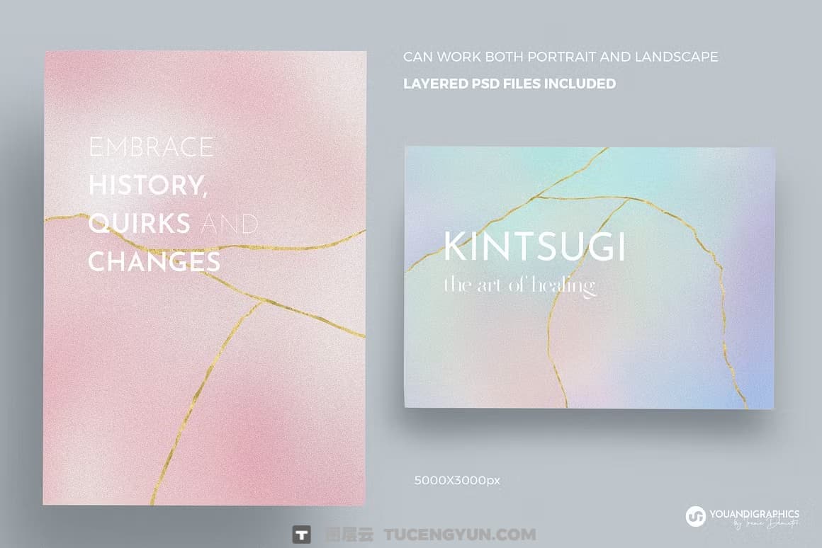 复古日系金箔淡雅炫彩模糊颗粒渐变金线抽象背景素材 Kintsugi Gradient Backgrounds（14442）图层云