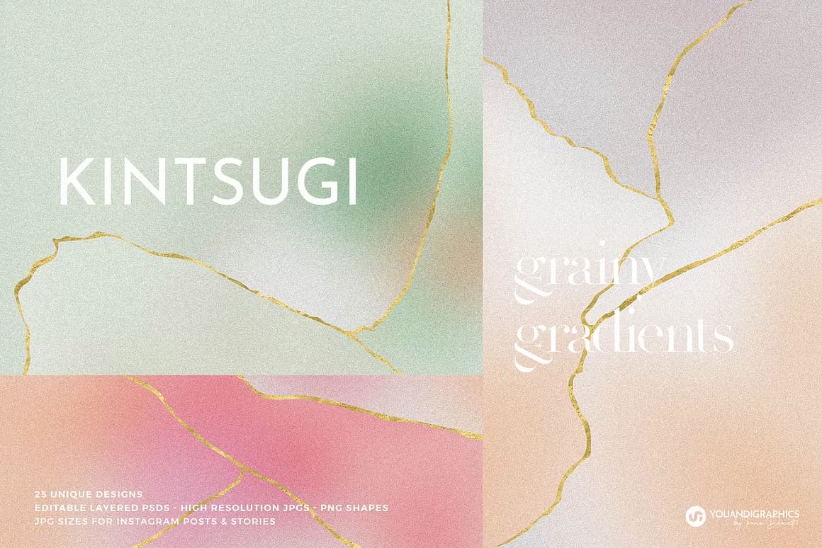 复古日系金箔淡雅炫彩模糊颗粒渐变金线抽象背景素材 Kintsugi Gradient Backgrounds（14442）