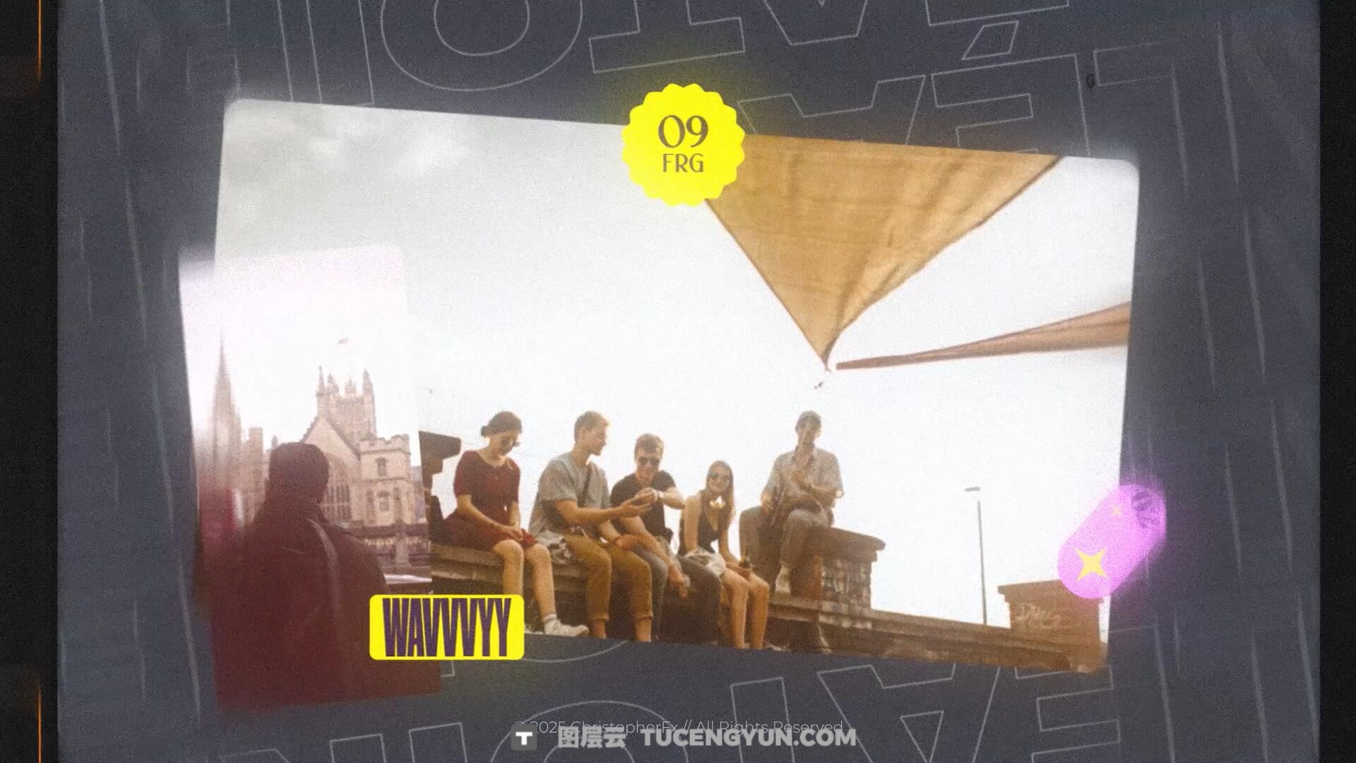 AE/PR模板：复古青春疼痛美学照片拼贴边框弥散光胶片颗粒纹理视频模板（14455）图层云