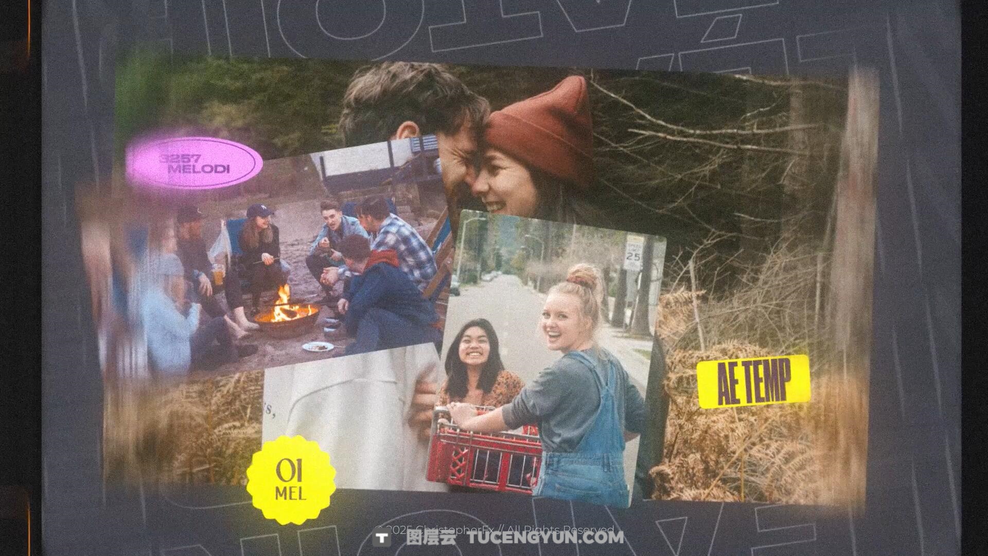 AE/PR模板：复古青春疼痛美学照片拼贴边框弥散光胶片颗粒纹理视频模板（14455）图层云