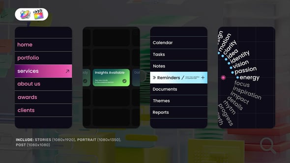 FCPX插件：极简主义竖屏文字标题轮播、循环、滚动场景动画排版模板（14471）图层云