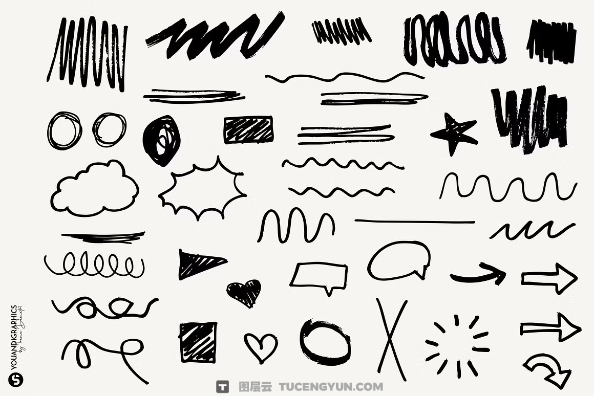 260款趣味创意马克笔钢笔蜡笔涂鸦笔触形状图形箭头标记AI矢量+PNG设计套装 Analog Hand Drawn Elements Set（14479）图层云