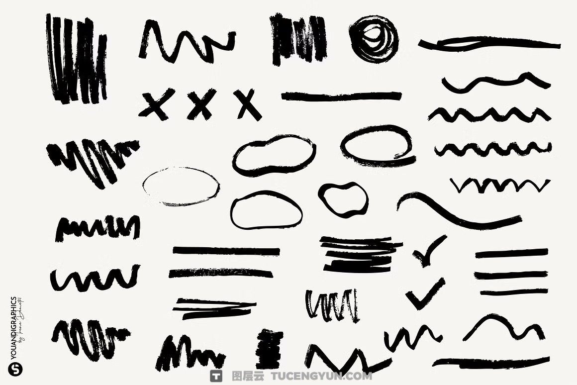 260款趣味创意马克笔钢笔蜡笔涂鸦笔触形状图形箭头标记AI矢量+PNG设计套装 Analog Hand Drawn Elements Set（14479）图层云