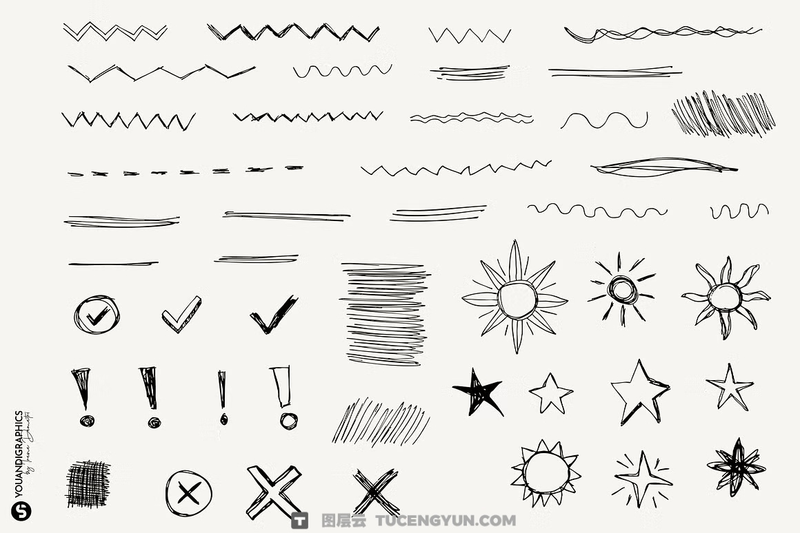 260款趣味创意马克笔钢笔蜡笔涂鸦笔触形状图形箭头标记AI矢量+PNG设计套装 Analog Hand Drawn Elements Set（14479）图层云