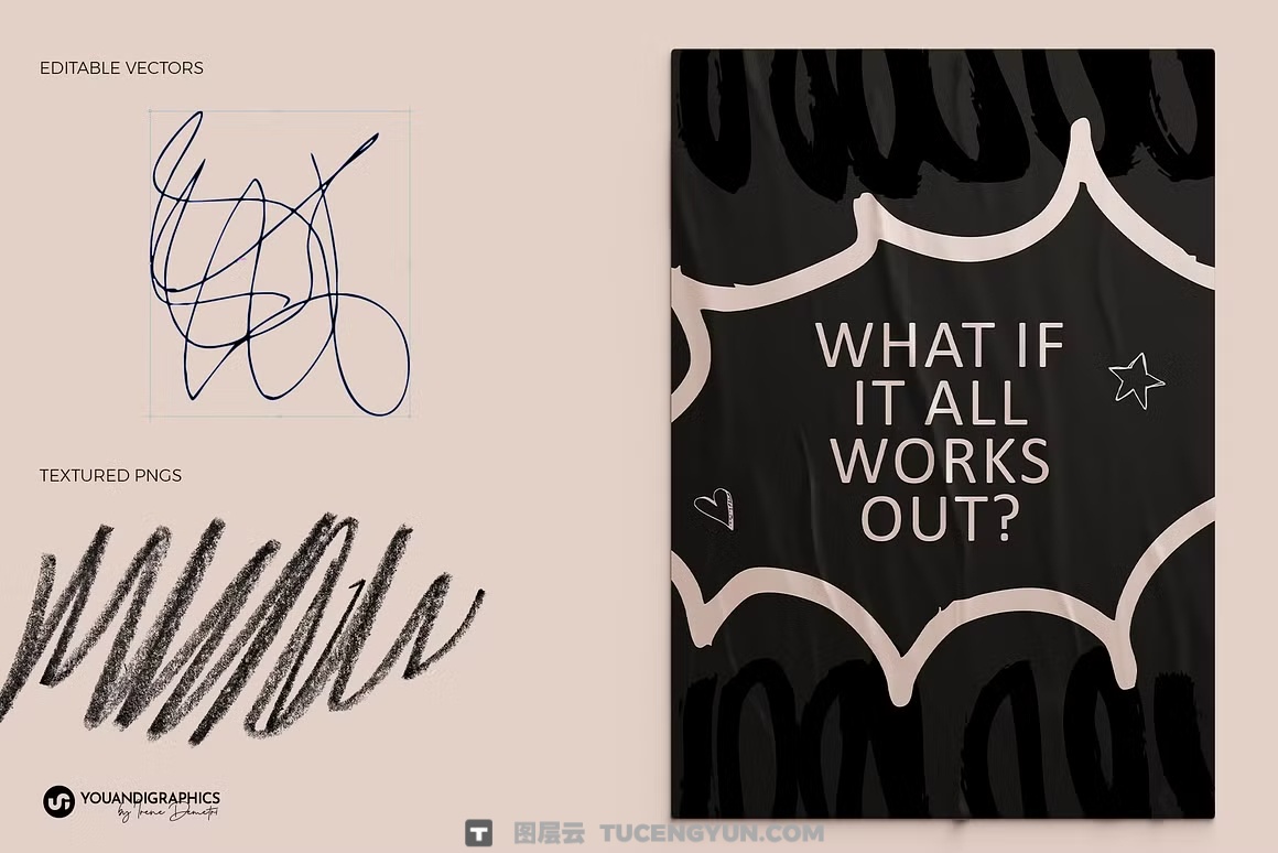 260款趣味创意马克笔钢笔蜡笔涂鸦笔触形状图形箭头标记AI矢量+PNG设计套装 Analog Hand Drawn Elements Set（14479）图层云