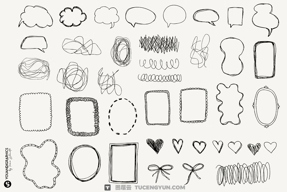 260款趣味创意马克笔钢笔蜡笔涂鸦笔触形状图形箭头标记AI矢量+PNG设计套装 Analog Hand Drawn Elements Set（14479）图层云