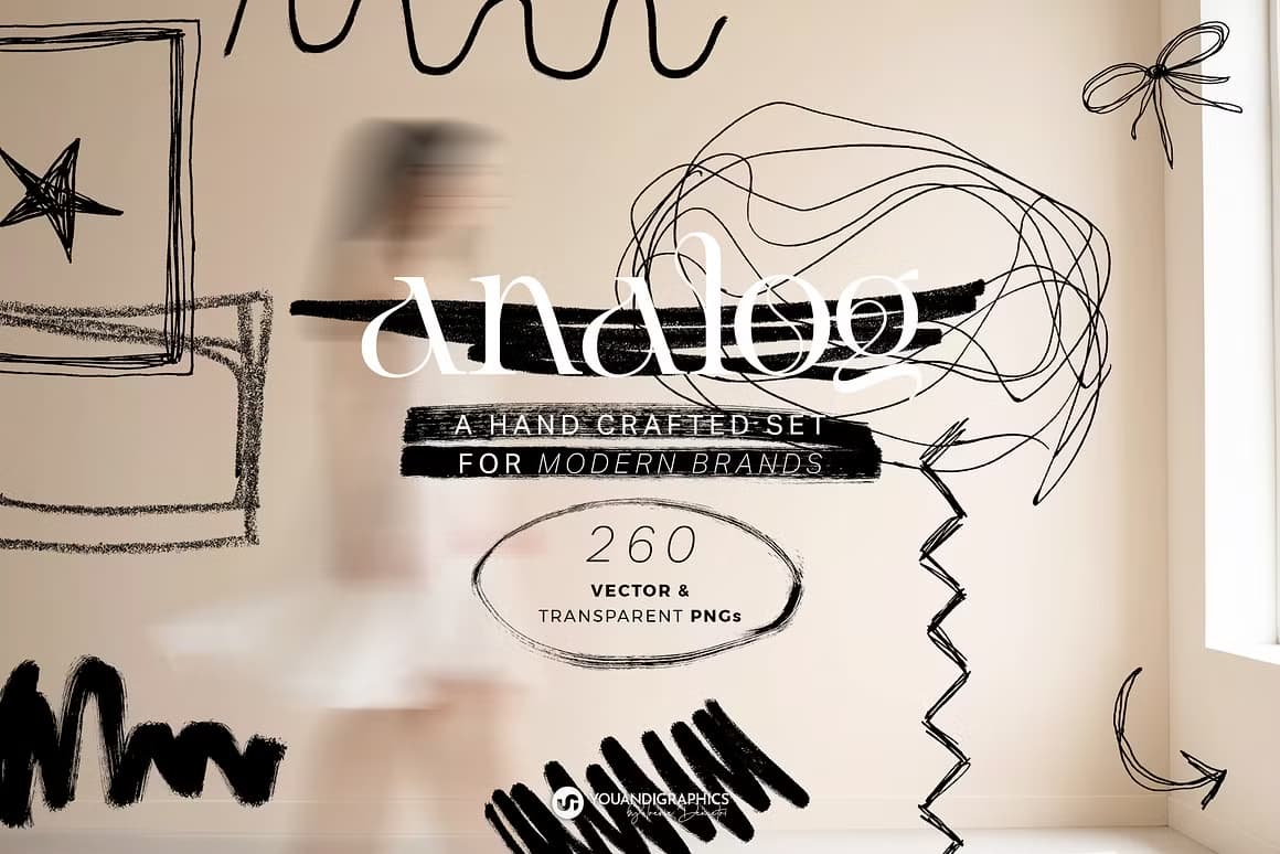 260款趣味创意马克笔钢笔蜡笔涂鸦笔触形状图形箭头标记AI矢量+PNG设计套装 Analog Hand Drawn Elements Set（14479）