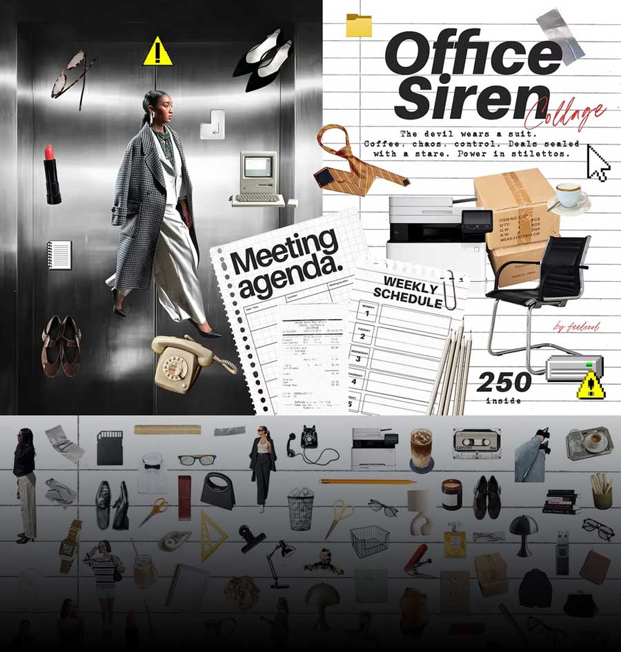 252个复古商业时尚纸张信纸笔记海报社交媒体手账拼贴艺术背景肌理PNG/JPG设计套装 Office Siren Collage Pack（14500）