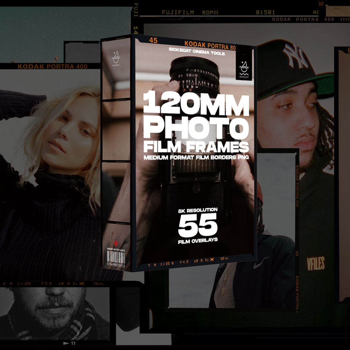 55个复古美学柯达、富士120mm中画幅8K超高清胶片边框PNG叠加层素材包 Sickboat – 120mm Photo Film Frames PNG Medium Format Film Borders PNG (8K)