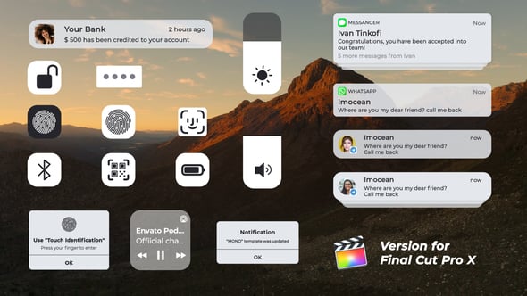 FCPX插件：iOS系统手机应用消息、解锁、面容、蓝牙、电量、音乐、亮度、音量弹窗动画（14545）