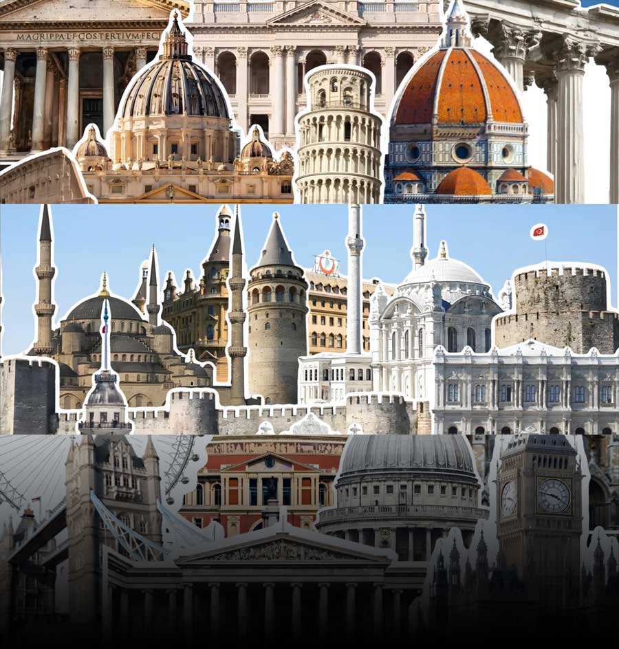 6个热门旅游城市地标元素拼贴艺术转场过渡4K视频素材（14550）