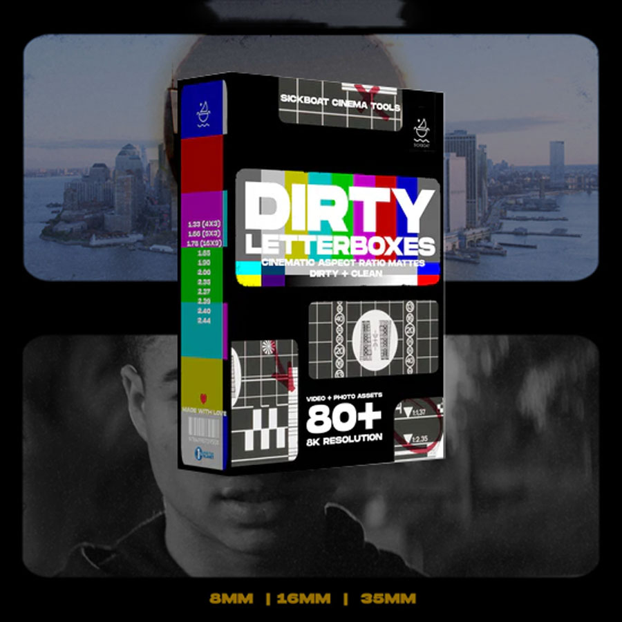 真实电影美学胶片帧脏污遮罩边框、颗粒、烧痕、打孔、转场8K超高清MOV/PNG叠加素材 Sickboat – Dirty Letterboxes Cinematic Aspect Ratio Mattes (8K)（14593）