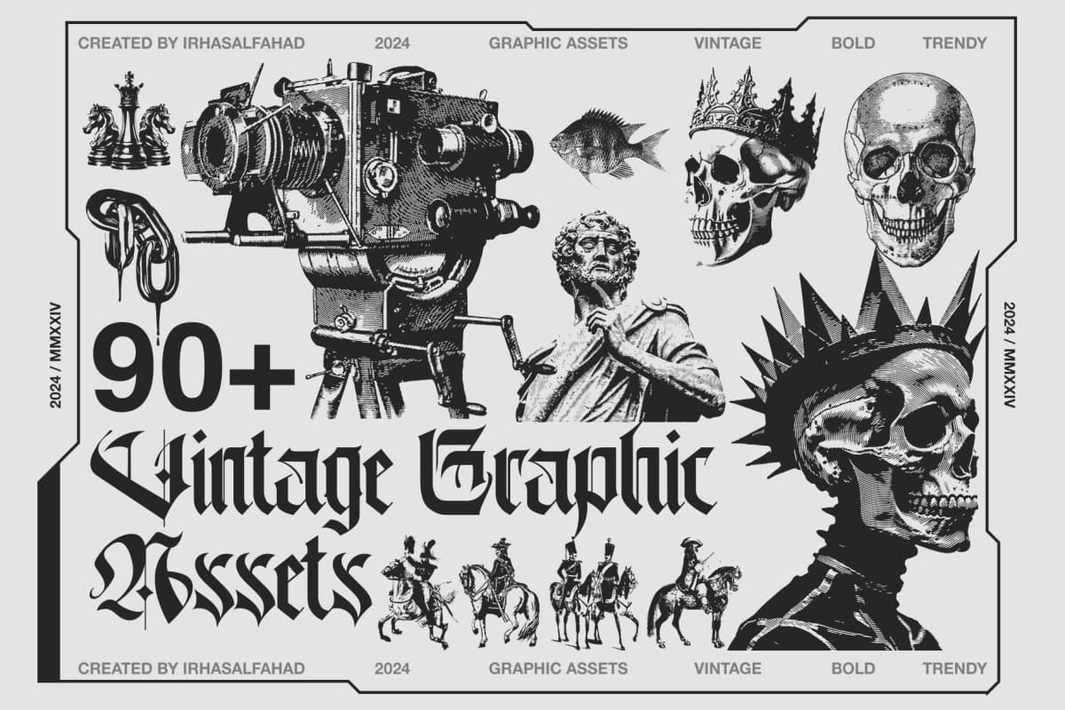 90多个复古骨骼动物物品载具肖像T恤品牌设计ai矢量插图图形素材 90+ Vintage Graphic Assets（14657）
