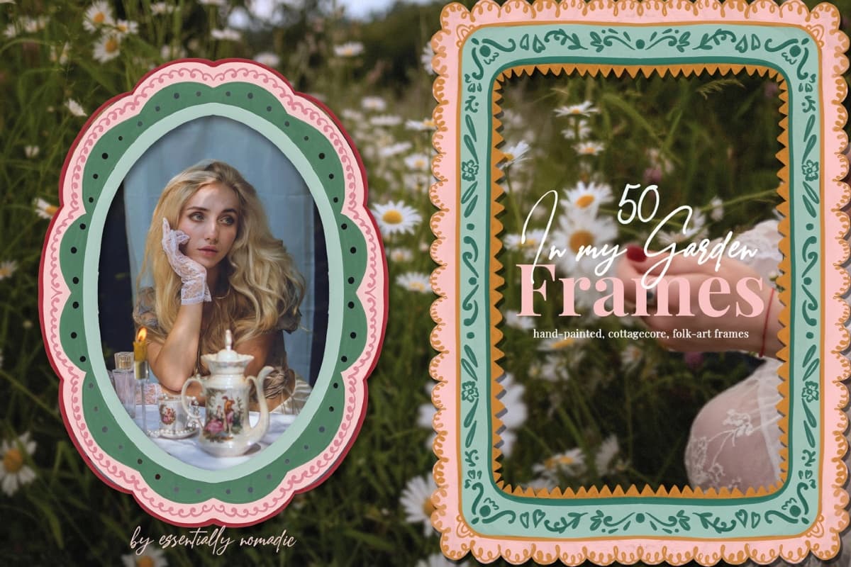 浪漫童话美式乡村风格花卉雏菊波浪笔触纹理手绘装饰边框素材 Cottagecore Decorative Frame clipart（14681）