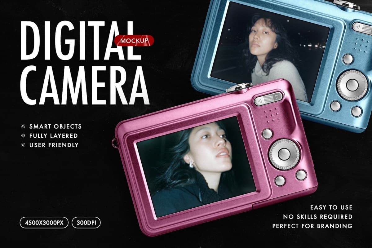 复古彩色光面口袋傻瓜相机模型特写展示PSD样机效果图 Colorful Pocket Camera Mockup（14708）