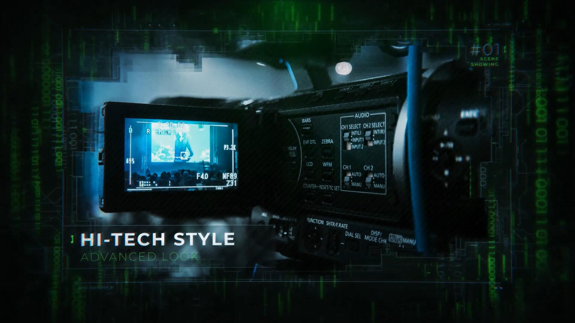 AE模板：黑客风格数字代码滚动漂浮显示照片显示视频模板（14757）