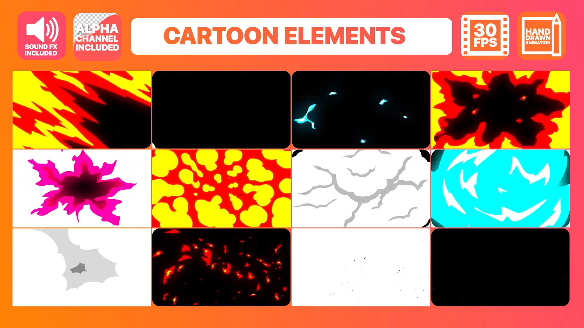 AE/PR/FCPX/达芬奇模板：全新火焰卡通能量爆炸液体烟雾元素MG动画无缝转场过渡（14758）