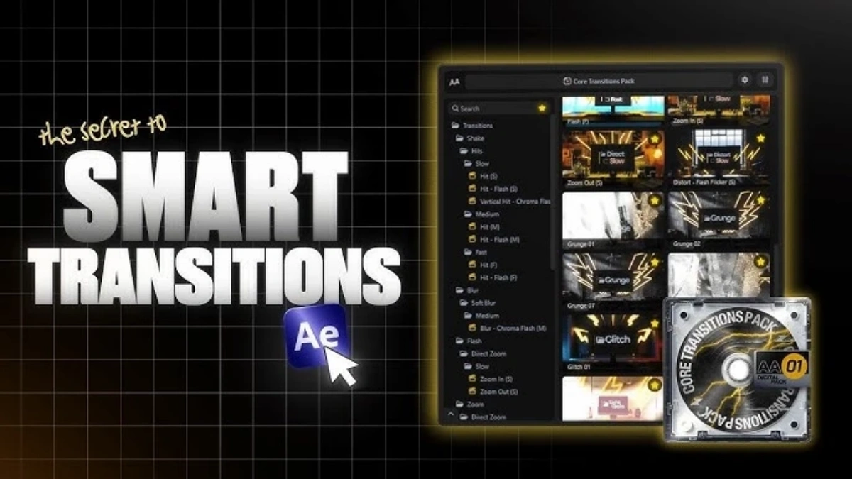 AE插件：350个终极动态摇晃模糊闪光旋转失真垃圾摇滚故障漏光淡出无缝转场过渡（14803）