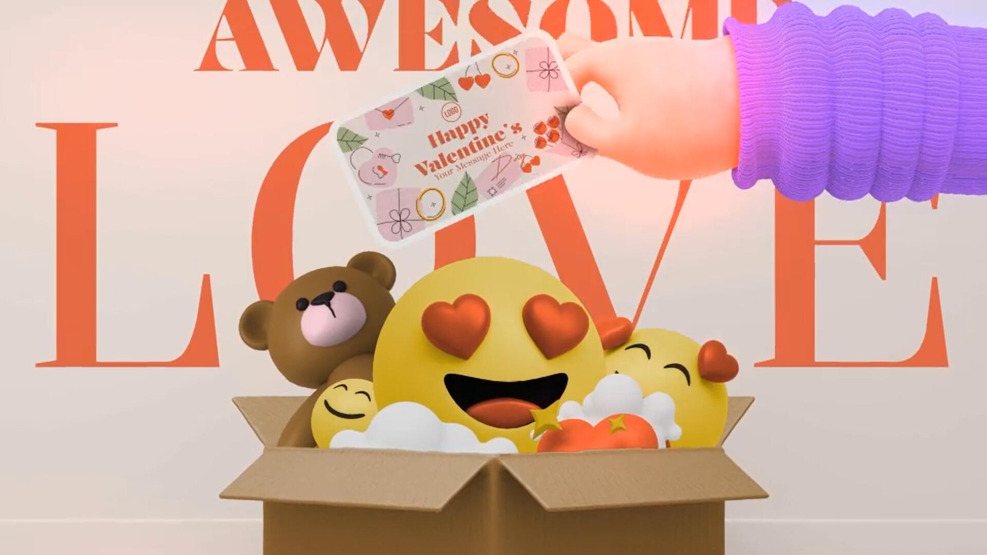 AE模板：情人节趣味3D艺术风格表情符号开场片头动画模板（14833）