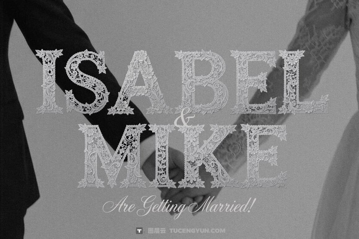 英文字体：浪漫优雅奢华美感婚礼专用蕾丝花卉图案编织线封面海报设计字体（14841）图层云