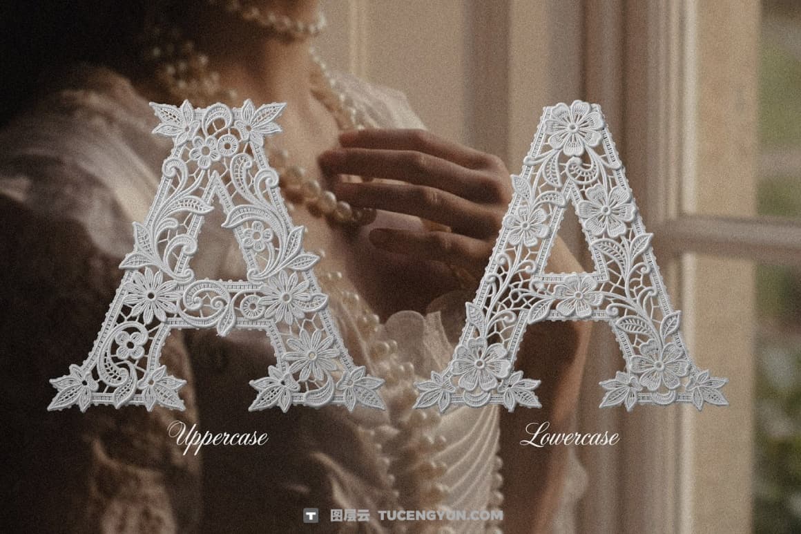 英文字体：浪漫优雅奢华美感婚礼专用蕾丝花卉图案编织线封面海报设计字体（14841）图层云