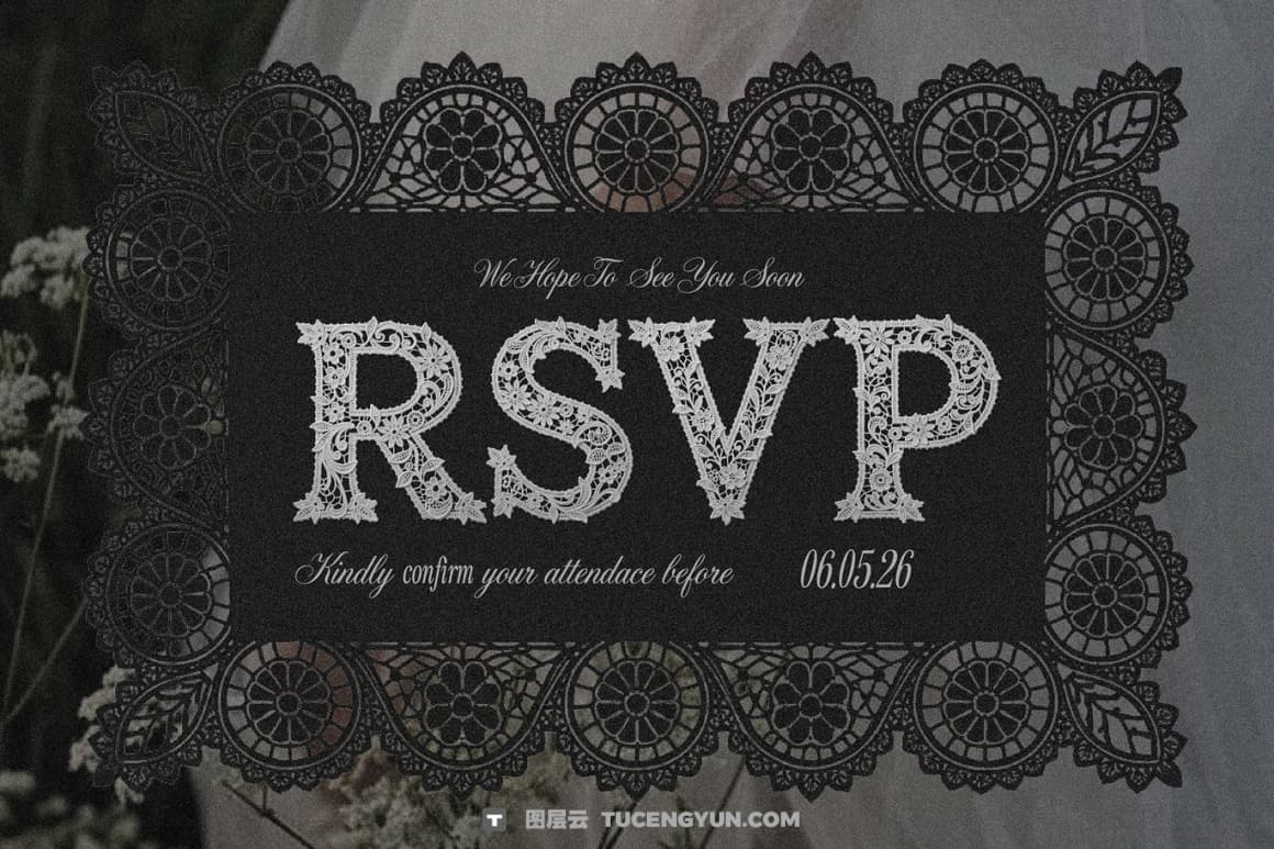 英文字体：浪漫优雅奢华美感婚礼专用蕾丝花卉图案编织线封面海报设计字体（14841）图层云