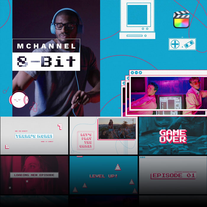 MotionVFX — mChannel 8-Bit 72个复古趣味8-Bit像素游戏风格图形元素文字标题、排版、转场、背景栏目包装视觉动画FCPX插件 （14863）