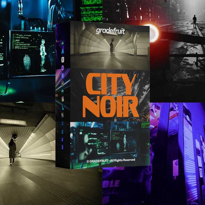赛博朋克霓虹都市阴郁电影色调人文扫街色彩分级调色LUTs+LR调色预设 GradeFruit – City Noir LUTs & LR Presets（14867）