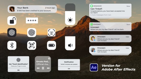AE/PR模板：iOS系统手机应用消息、解锁、面容、蓝牙、电量、音乐、亮度、音量弹窗动画（14882）