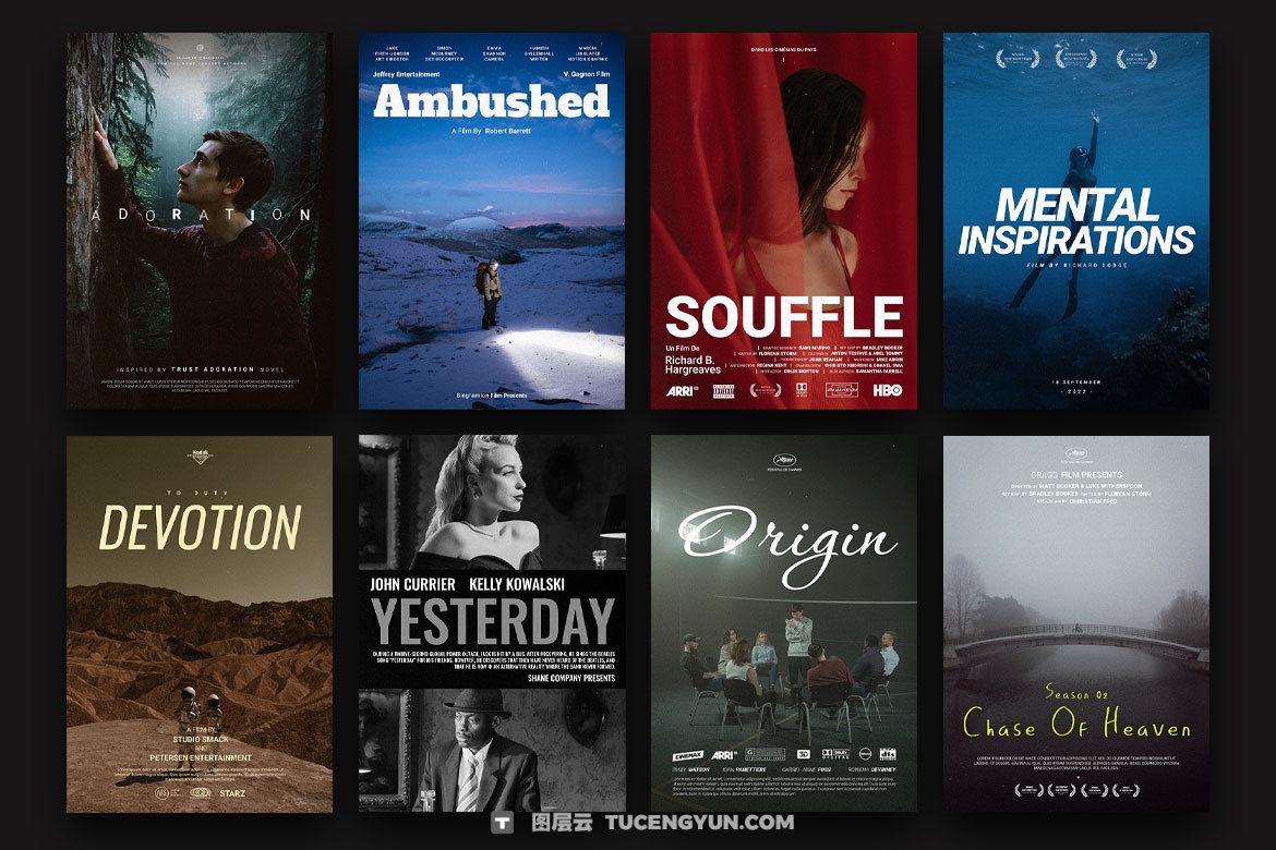 40个好莱坞史诗电影纪录片预告片剧院竖屏海报封面演员表PSD模板 Pixflow – French Movie Posters V.1（14893）图层云