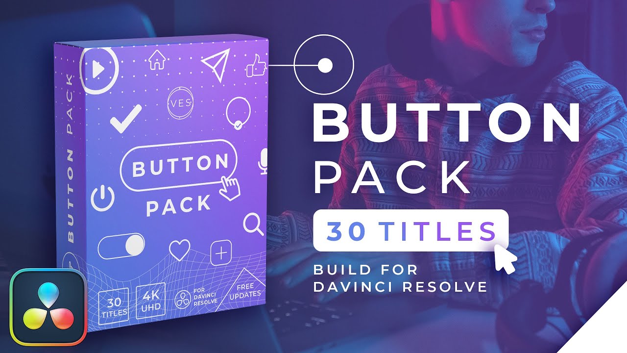 达芬奇插件：30个极简主义视频编辑剪辑播放暂停关注引导按钮点击标题动画 Video Editor Studio – Buttons Title Pack（14895）