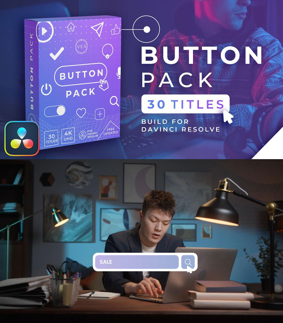 达芬奇预设：30个极简主义视频编辑剪辑播放暂停关注引导按钮点击标题动画 Video Editor Studio – Buttons Title Pack（14895）