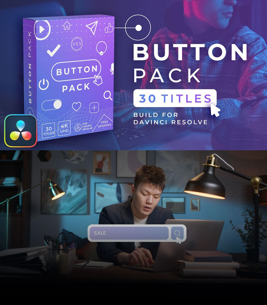 达芬奇预设：30个极简主义视频编辑剪辑播放暂停关注引导按钮点击标题动画 Video Editor Studio – Buttons Title Pack（14895）