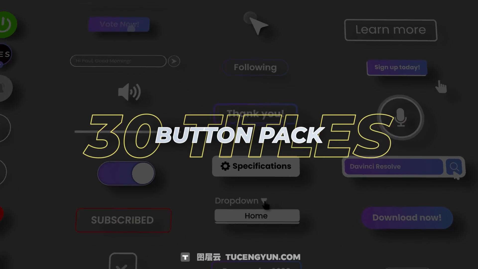 达芬奇预设：30个极简主义视频编辑剪辑播放暂停关注引导按钮点击标题动画 Video Editor Studio – Buttons Title Pack（14895）图层云