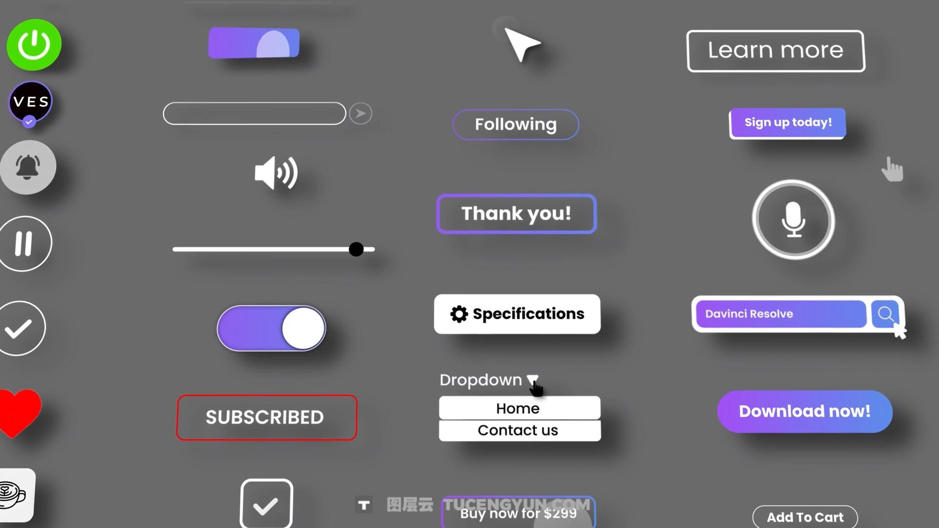 达芬奇预设：30个极简主义视频编辑剪辑播放暂停关注引导按钮点击标题动画 Video Editor Studio – Buttons Title Pack（14895）图层云