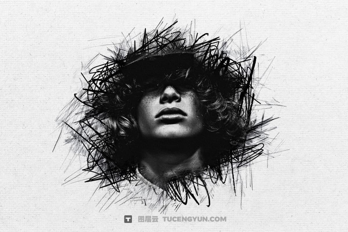 大胆真实照片转手绘铅笔画涂鸦线条素描速写特效封面海报PSD样机 Scribble Pencil Photo Effect（14896）图层云