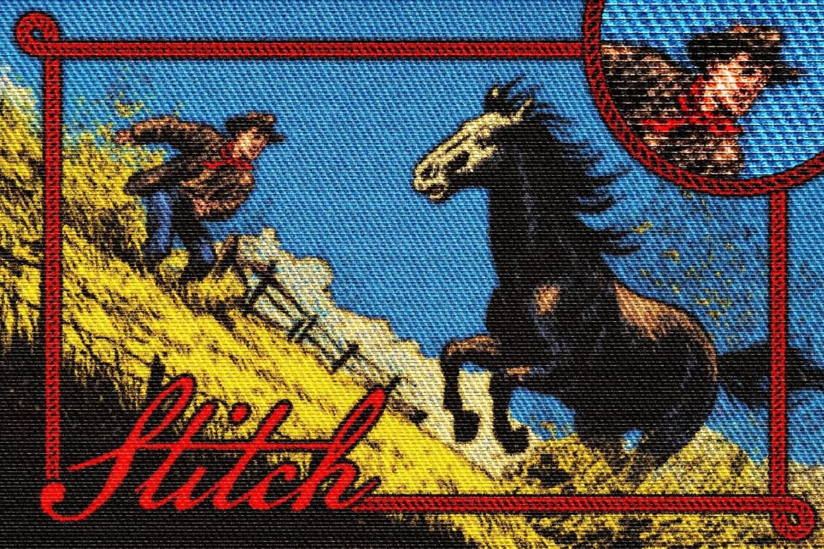 西部艺术粗糙质感织布针织纺织缝布网格刺绣布料肌理印刷叠加封面海报PSD特效样机 Stitch Fabric Photo Effect（14897）