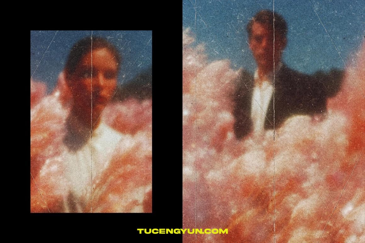 梦幻模糊老式划痕折痕破损做旧颗粒半调纸张印刷叠加PSD特效样机 Blurred Folded Paper Photo Effect（14897）图层云