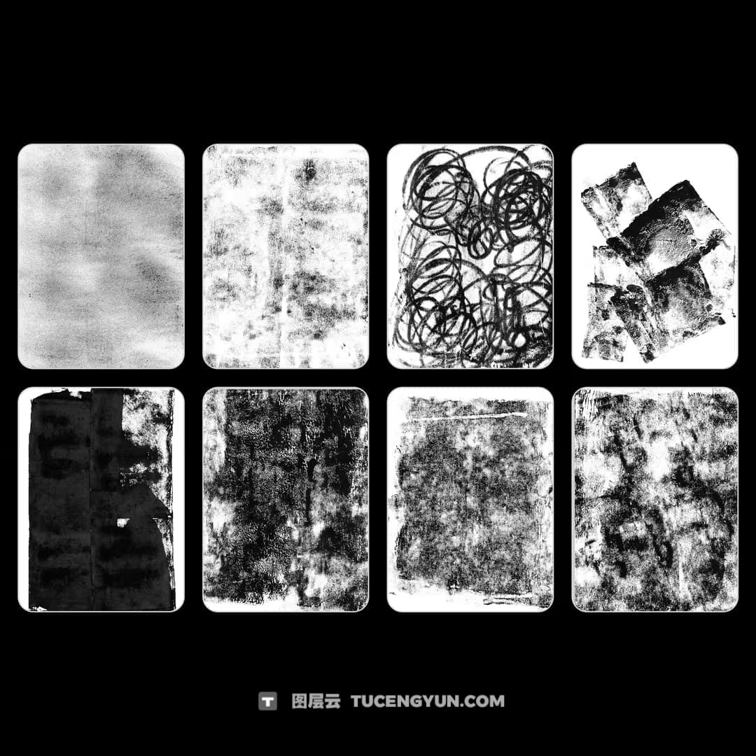 50个复古8K混乱艺术墨水印刷海绵滚筒污迹涂鸦抽象艺术背景肌理纹理PNG图片设计套装 Doron Supply – Ink Roll Textures（14908）图层云