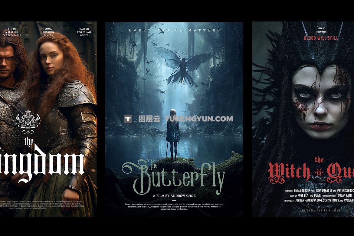 Pixflow 14个好莱坞风格魔法奇幻史诗电影片名小说短剧竖屏海报封面宣传PSD模板 Pixflow – French Movie Posters V.1（14951）图层云