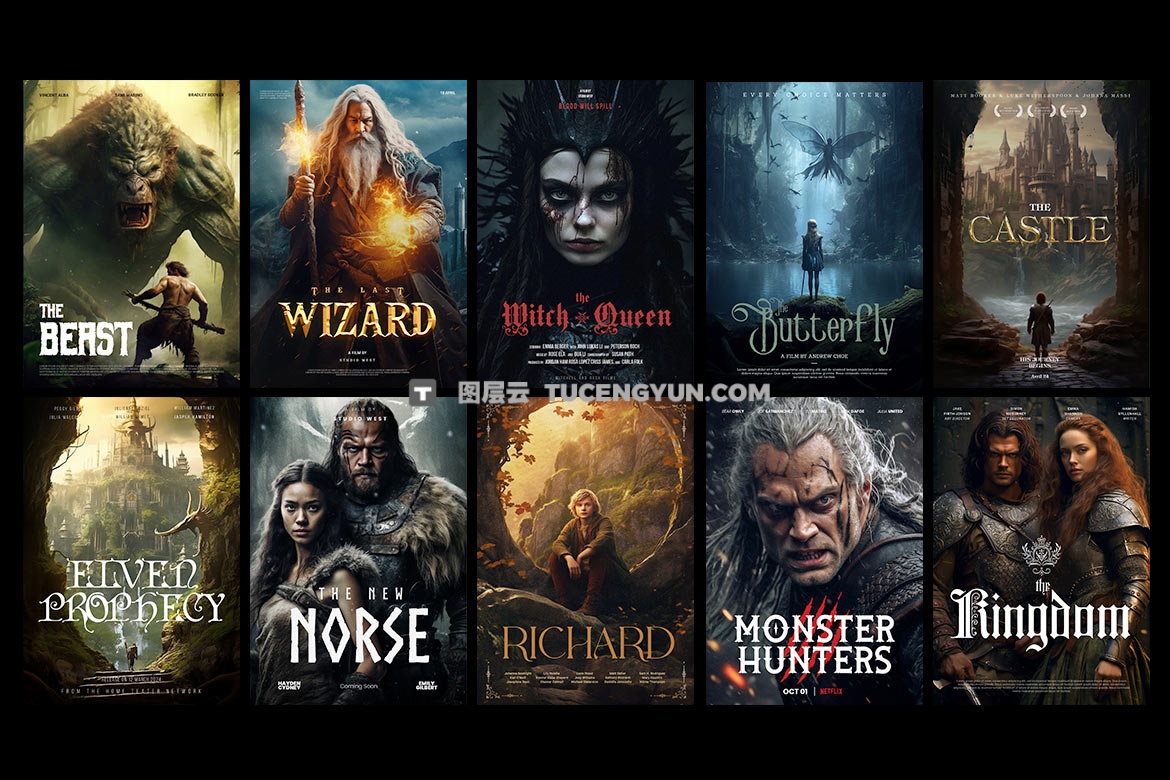 Pixflow 14个好莱坞风格魔法奇幻史诗电影片名小说短剧竖屏海报封面宣传PSD模板 Pixflow – French Movie Posters V.1（14951）图层云