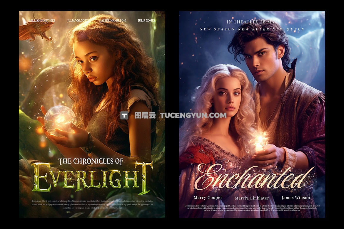Pixflow 14个好莱坞风格魔法奇幻史诗电影片名小说短剧竖屏海报封面宣传PSD模板 Pixflow – French Movie Posters V.1（14951）图层云