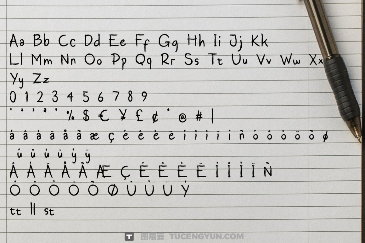 英文字体：真实随性凌乱而逼真的手写英文笔迹符号表情日记手账封面海报设计字体 Corethan – a Natural Handwriting（14970）图层云