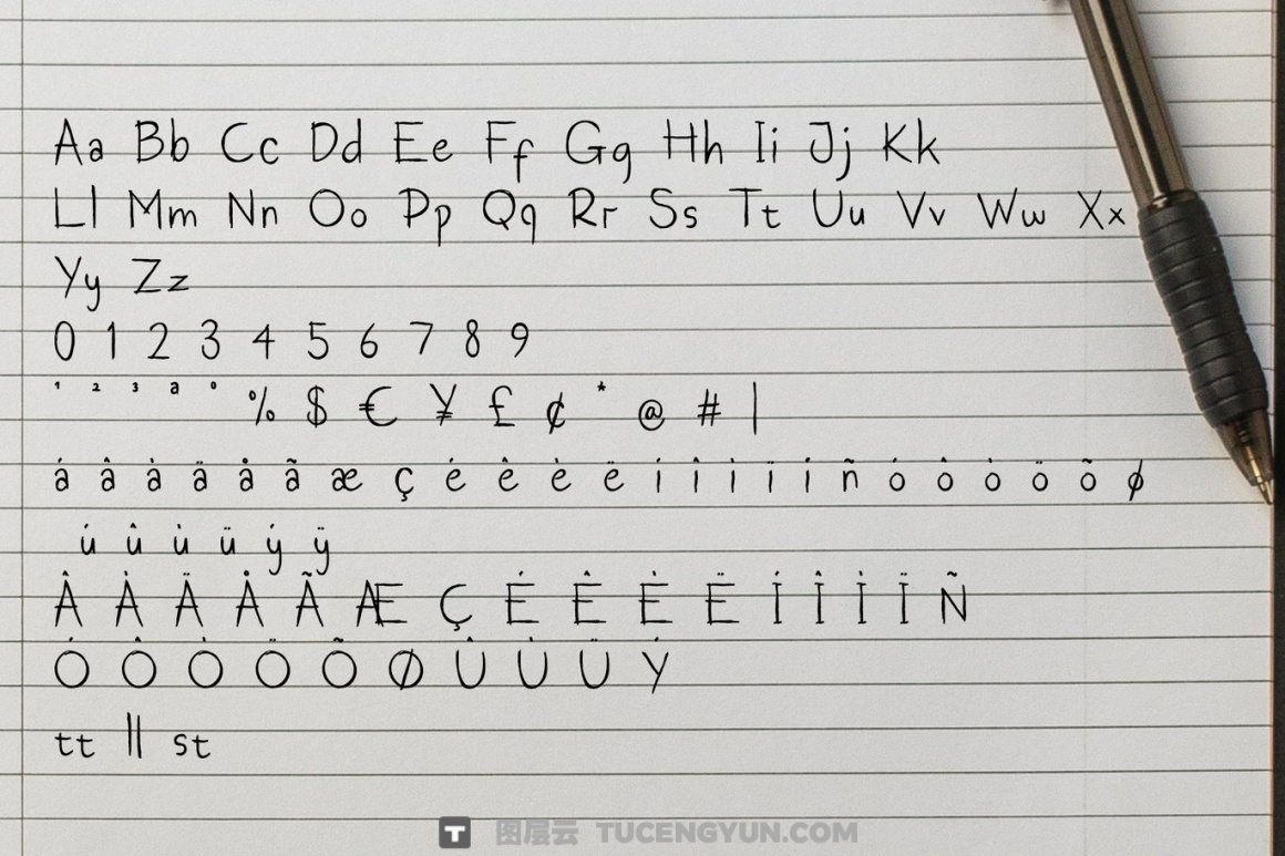 英文字体：真实随性凌乱而逼真的手写英文笔迹符号表情日记手账封面海报设计字体 Corethan – a Natural Handwriting（14970）图层云